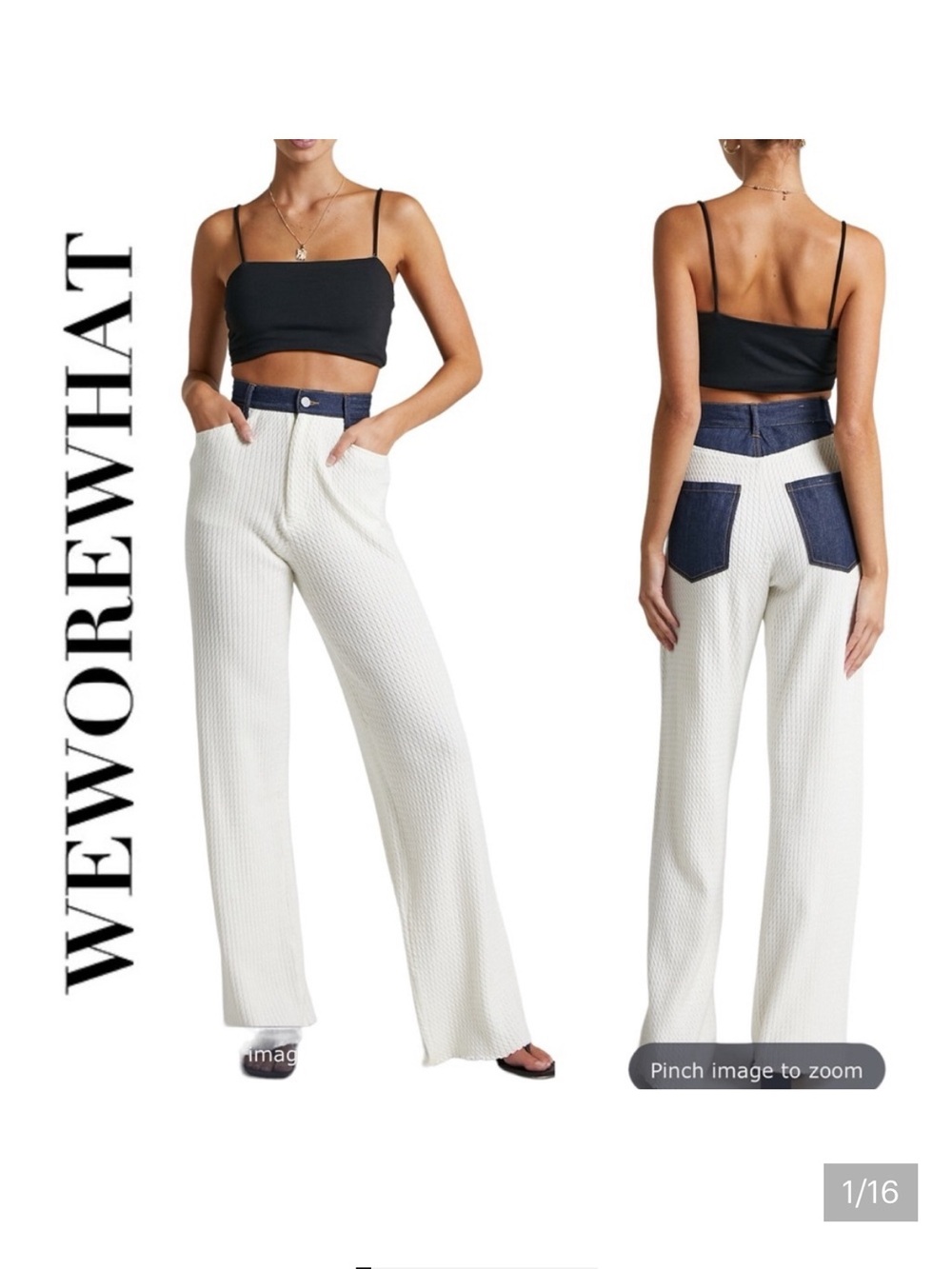 NWT WeWoreWhat White Wide-Leg Pants with Dark Indigo Waist